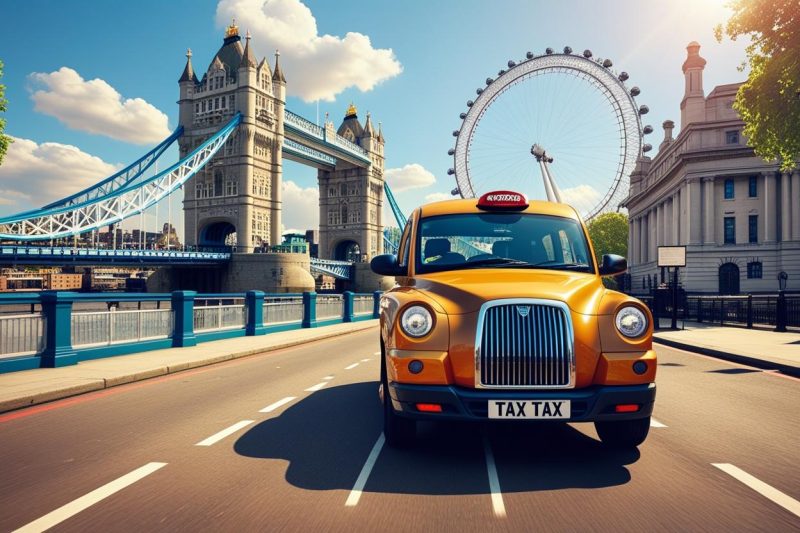 Create a high resulation image 1200 pixel by 900 pixel__Showing the iconic places of London like Tower Bridge and the London eye, and also a car driving __This will be a hero image for a cab drivers